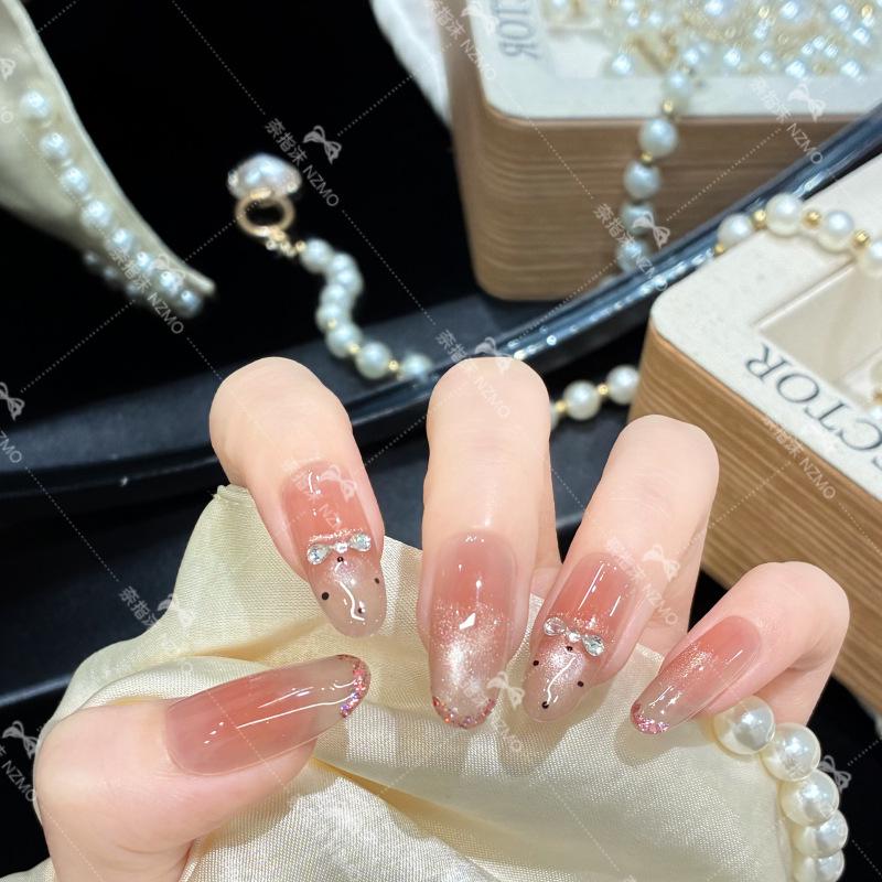 Y89 Rhinestone Polka Dot Nude Pink Nails - Flashing Cat Eye, Skin-Brightening, Handmade, Elegant, Wearable