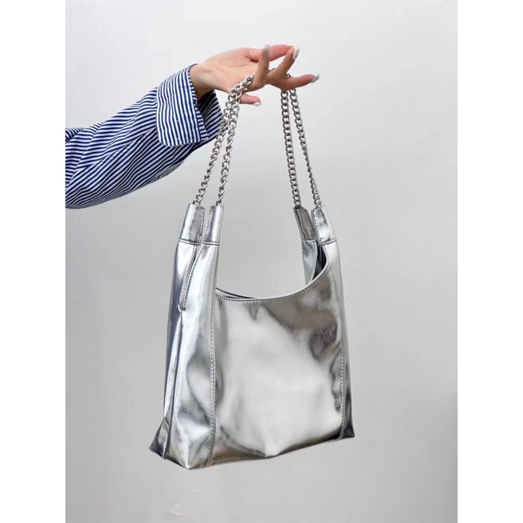 Chain Underarm Bag Women's Bag New Silver Soft Leather Commuting Bag One-shoulder Tote Bag Large Capacity Women's Bag