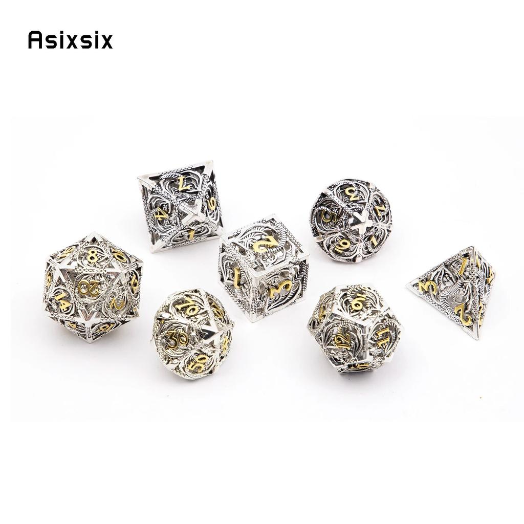 7 sztuk srebrnych złotych metalowych kostek smoka, pustych metalowych wielościennych kości, zestaw odpowiedni do gier RPG, gier karcianych, gier planszowych