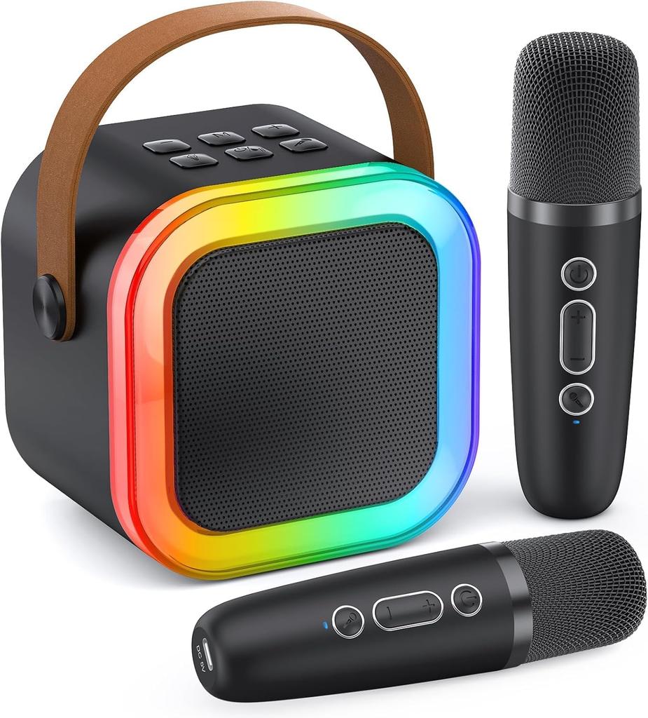 MonoKi Karaoke Set Bluetooth 5.3 Speaker Wireless Microphone 2-Pack Home Karaoke PA System with RGB LED Lights and Accompaniment Function - Ideal for