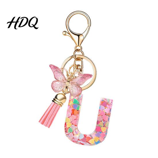 Compact Keychain Pink Series Pendant Sequins Heart Initial Letter Charm Key Chain