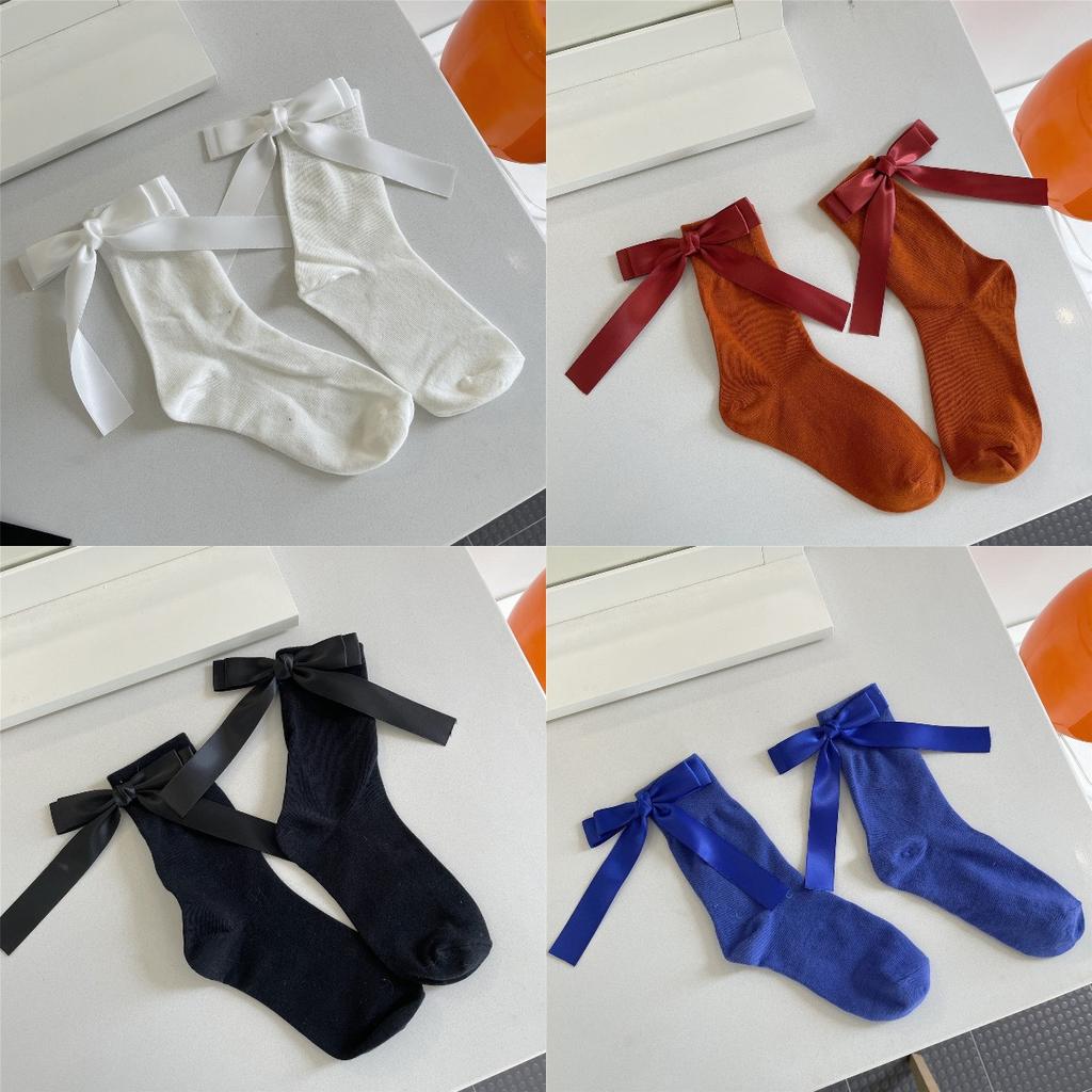 Harajuku Sweet Bowknot Kawaii Socks Women Spring Summer Y2k JK Lolita Cute Solid Socks Japanese Style Women Girls Middle Tube Preppy Socks