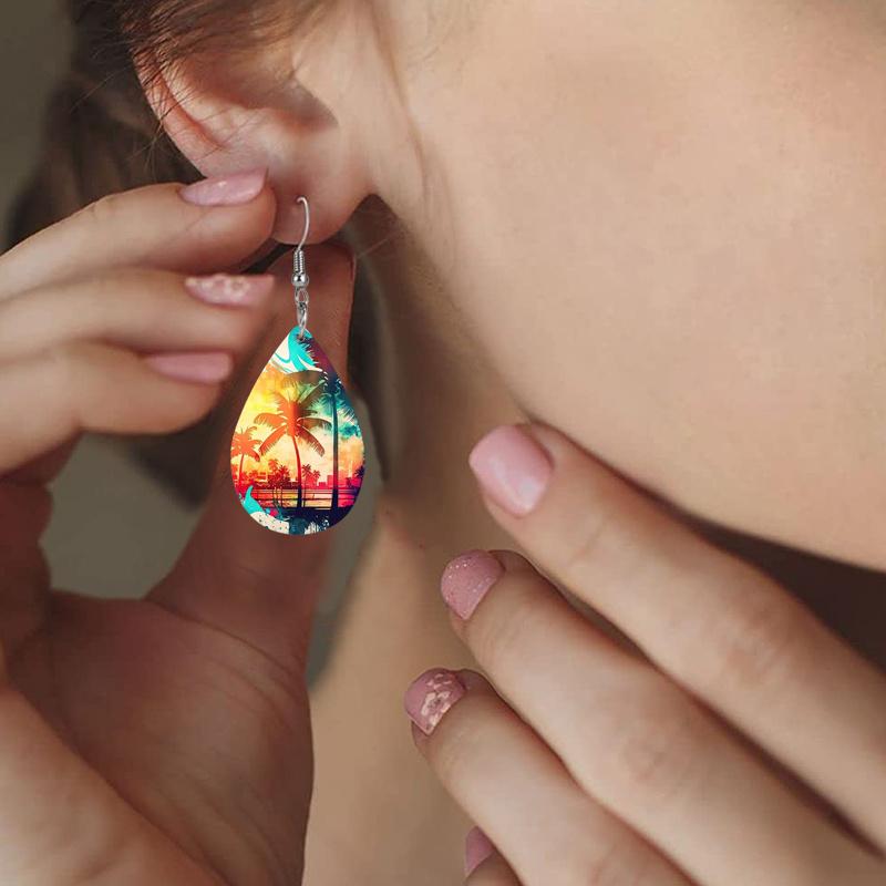 Colorful Dusk Sunset Coconut Tree Artificial Leather Earrings for Women Reversible Pattern Lightweight Teardrop Earrings