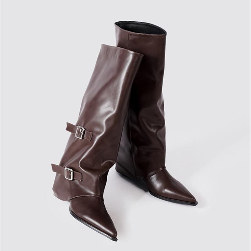 Mode Herbst Winter Weiches Leder Lässige Damen Kniehohe Stiefel Modische Gürtelschnalle Hohe Absätze Gothic Damen Schaft Lange Stiefeletten Schuhe