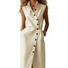 European and American solid color sleeveless dress women's summer lapel breasted breathable waist temperament dress
