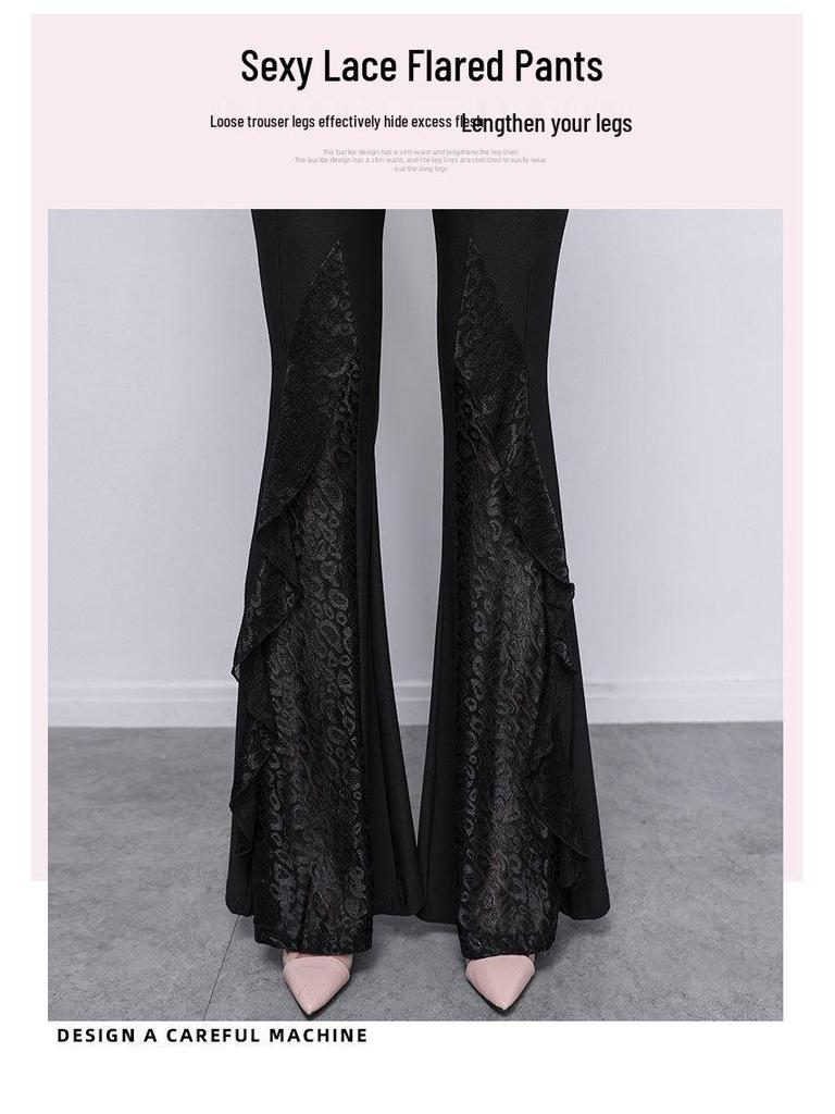 2025 Spring Black Lace High-Waisted Wide Leg Fishtail Pants