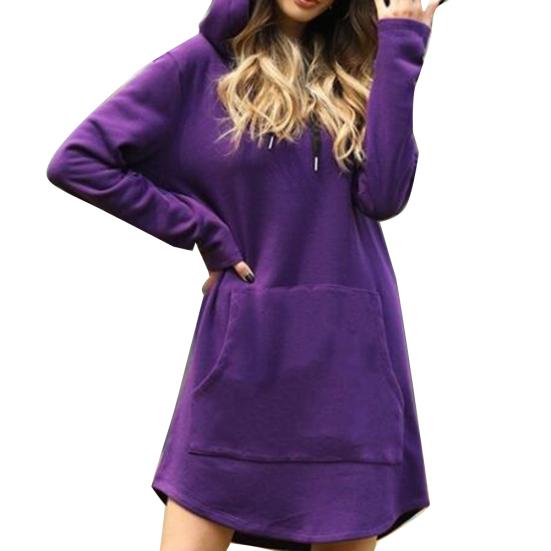 Plus Size Women Casual Long Sleeve Pocket Drawstring Loose Hoodie Mini Dress