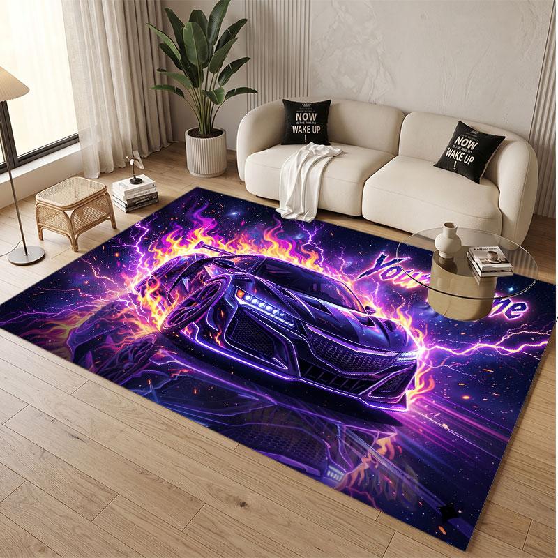 Auto-Rennsport-Thema Weicher Kristall-Samt Teppich Benutzerdefinierter Name & Text Druck Rutschfester Boden Teppich für Schlafzimmer Wohnzimmer