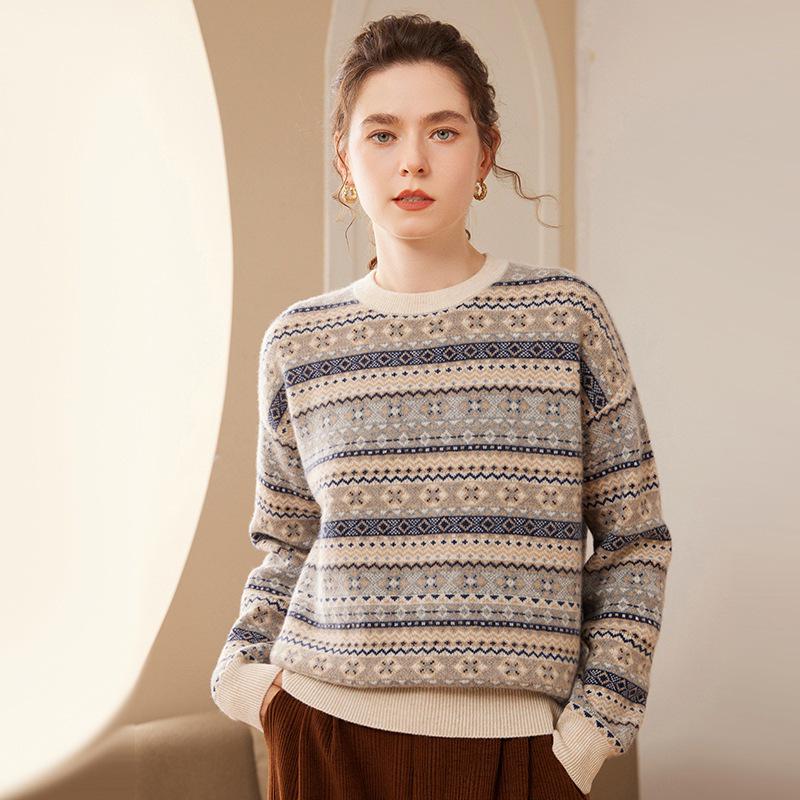 Women's Color Block Jacquard Cashmere Sweater - Autumn/Winter Korean Style Round Neck Knit