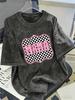 Checkered MAMA Bubble Letter Graphic TShirt Oversized Retro Washed Tee for Women Travel Daily Vacation Casual Street Outfits