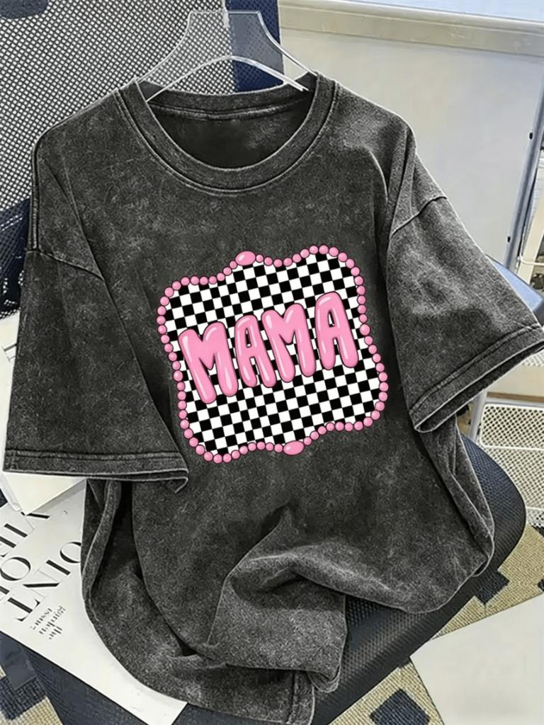 Checkered MAMA Bubble Letter Graphic TShirt Oversized Retro Washed Tee for Women Travel Daily Vacation Casual Street Outfits