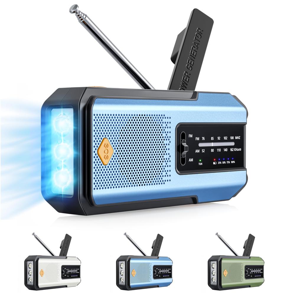 Radio de urgență LEACCO cu manivelă și încărcare solară, compatibil AM/FM, reîncărcabil în 3 moduri, radio portabil cu baterie de 2500mAh, încărcare Type-C,