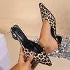 Women Sexy Leopard Slippers Pointed Toe Mid Heels Chunky Sandals Summer Flip Flops Fashion Slides Animal Print Casual Shoes