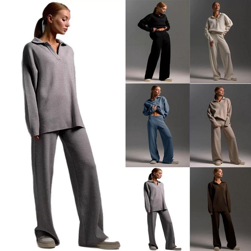 New Fall/Winter Women's Two-Piece Set Polo-Neck Knit Pullover and Wide-Leg Pants