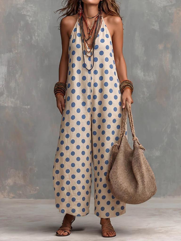 2026 European and American New Summer Cross-border Retro Polka Dot V-neck Loose Polka Dot Jumpsuit Sleeveless Straight Jumpsuit