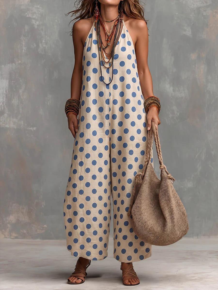 2026 European and American new summer cross-border retro polka dot V-neck loose polka dot jumpsuit sleeveless straight jumpsuit S