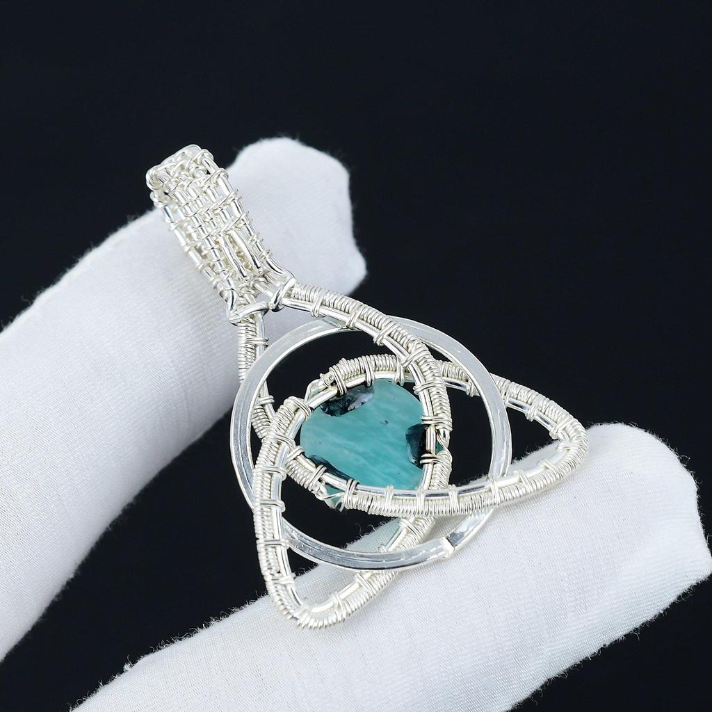 Natura Amazonit Edelstein Silber Anhänger in 925er Sterlingsilber - Handgefertigtes Design, Keltischer Familienknoten Drahtumwickelt Alltags Schmuck, Watte Geschenke