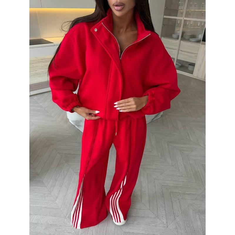 Spring and Autumn Casual Suit Women's High-end Pull-up Strips Contrasting Color Sweater Straight Trousers Two-piece Set