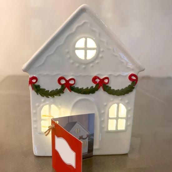 Christmas Village House Figurine LED Lighted White Small House Tabletop Decoration Winter Rustic Farmhouse Holiday Decor for Mantel Tabletop Room