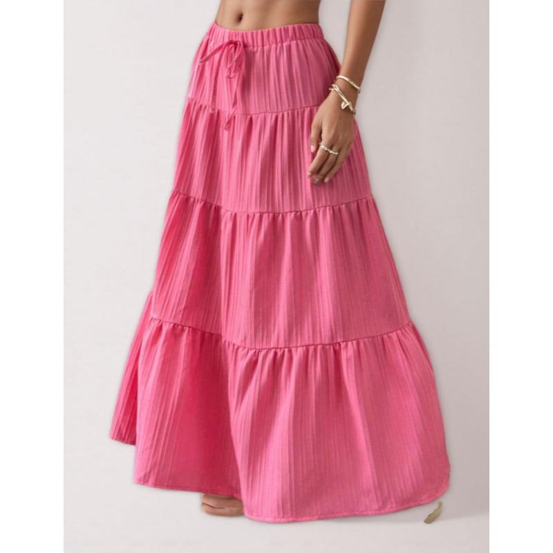 2025 Summer Fashion Lace-up Big Swing Skirt Loose Elegant Casual Simple A-line Ruffled Party Long Skirts Sweet Simple Party Office Clothing