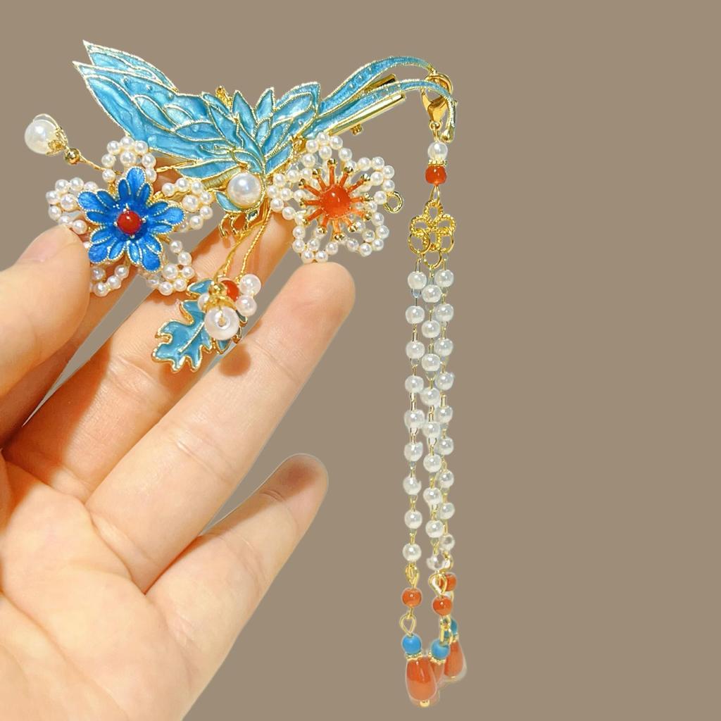 Elegant Blue Cloud Pearl Hairpin with Tassel