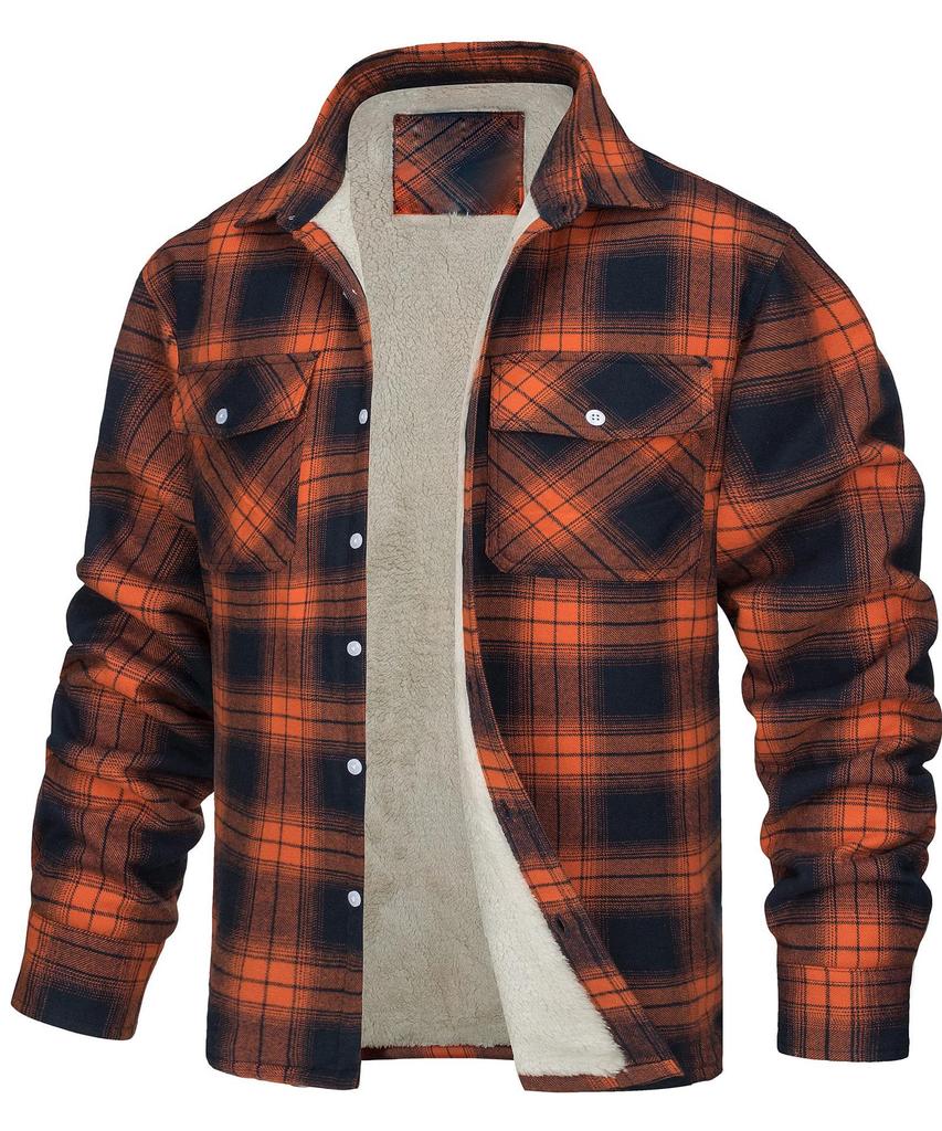 Men's 2023 Fleece-Lined Plaid Jacket - Long-Sleeve, Turn-Down Collar, Single-Breasted, Loose Fit