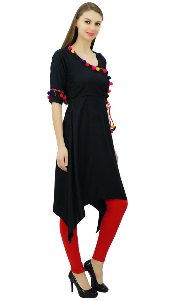 Phagun Angrakha Style Rayon Womens Tunic Kurta Pom-Pom Designer Kurti Top Indian