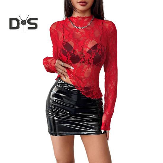 Women Tops Half High Collar Long Sleeve Embroidery Lace Flower Pattern Blouse Perspective Effect Bottoming Tops