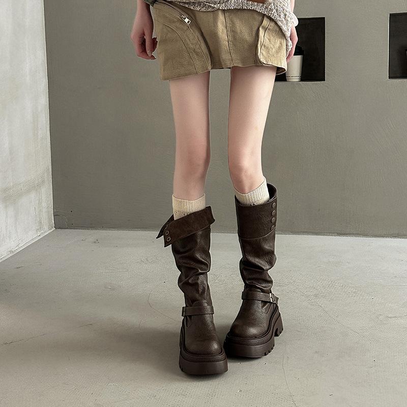 Retro britisk stil sammenleggbare plattformstøvletter med tykk hæl høst og vinter mote slankende kvinners designfølelse ridestøvletter