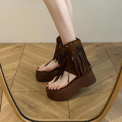 Mode Retro Quasten Damen Sandalen Sommer Böhmische Flache Schuhe Schnürschuhe Strandschuhe Dicke Sohle Trendige Damenschuhe 2024