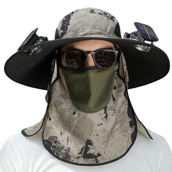 Solar Fan Fisherman Hat USB tölthető napvédő napvédő sapka kettős ventilátorral, körkörös napvédő kalap kültéri kalandkendővel arcvédővel