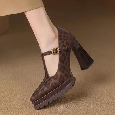 Fashion Versatile High Heels Women Fall 2025 Pointed Toe Platform Block Heel Work Shoes Shallow Mouth Leopard Fashion Single
