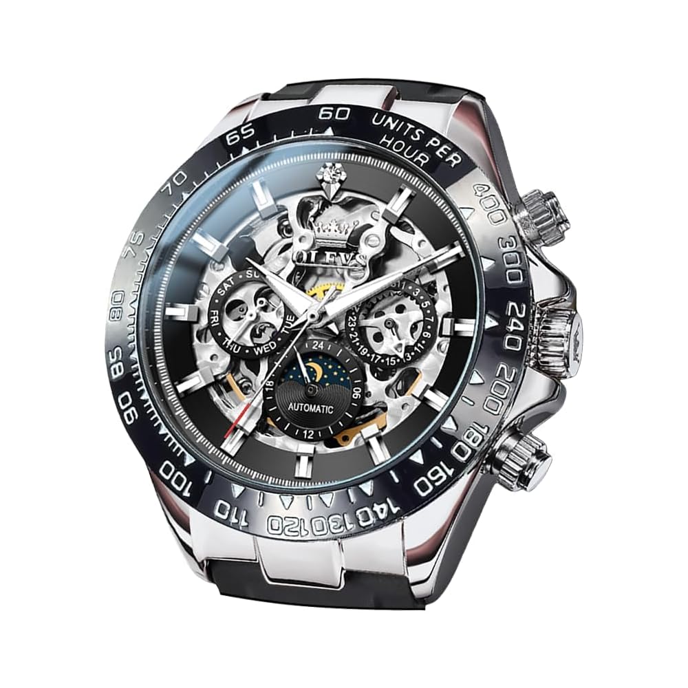 OLEVS Men s Automatic Skeleton Watch Waterproof Luminous Date Diamond Fashion Business Black