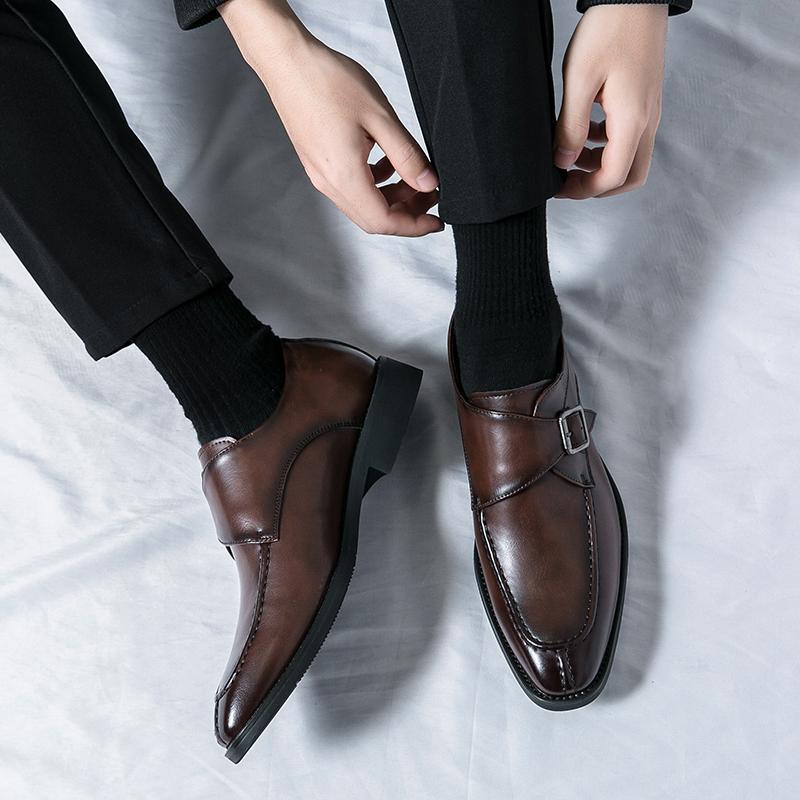 Fashion Men Pointed Toe British Men Leather Shoes Buckle Low Heel Single Shoes Large Size Men Shoes Slip on