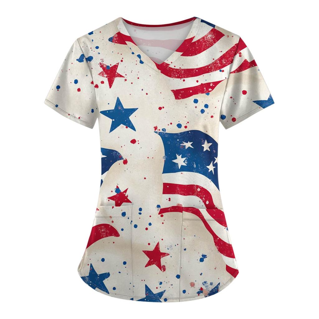 Dámská móda Overal s krátkým rukávem a výstřihem do V s kapsami Topy s potiskem Dne nezávislosti Oblečení