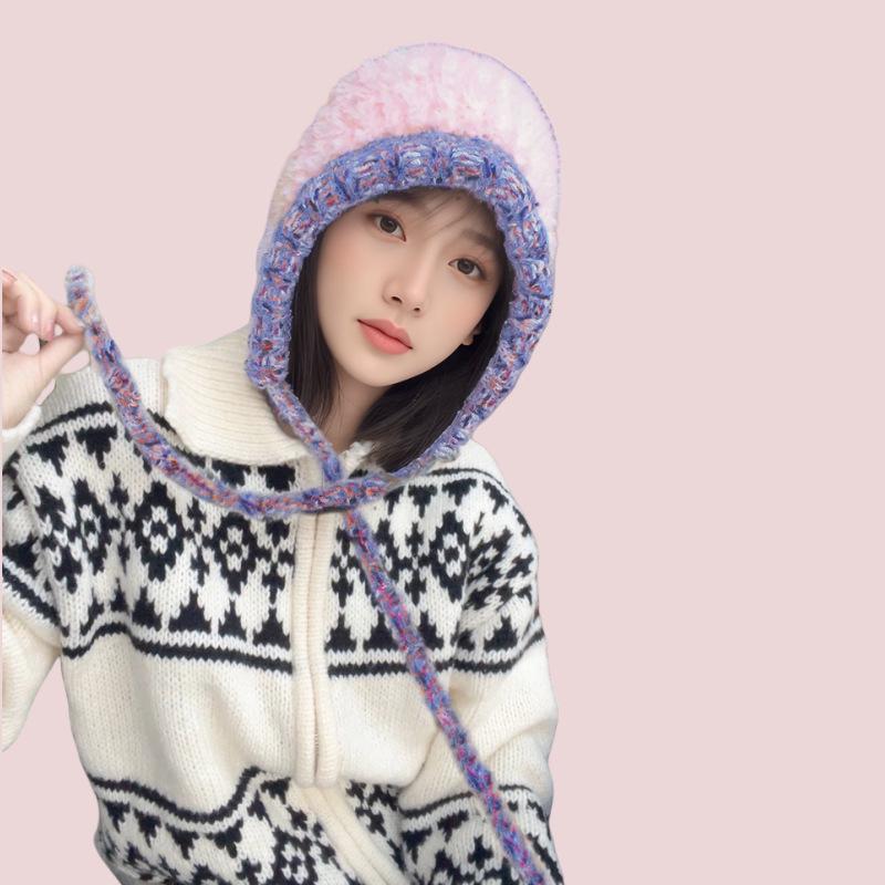 Dámská Fair Isle šněrovací čepice s ochranou uší: Silná, teplá pletená čepice s bambulí na podzim a zimu