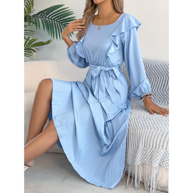 

Spring and Summer Elegant Boat-Neck Long-Sleeved A-Line Skirt with Waistline and Ruffled Edges Women s Dress XL синій