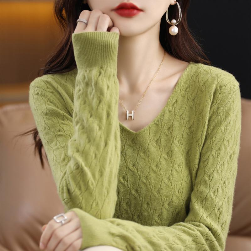 Women's V-Neck Loose Pure Wool Sweater - Autumn/Winter Knitted Base Layer Top