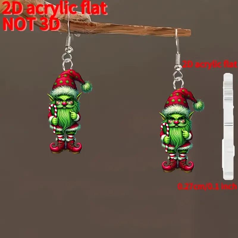 Christmas Green Elf & Santa Claus Cartoon Earrings Single Acrylic Earring (No Hook)