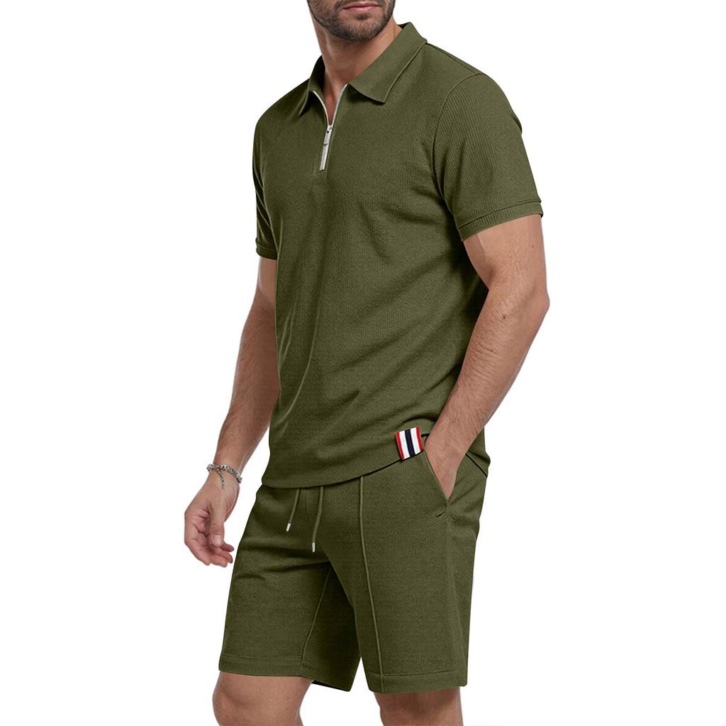 Men's Summer Breathable Waffle Knit Casual Loose Fit Two Piece Set Short Sleeve Polo Shirt with Zipper and Matching Shorts