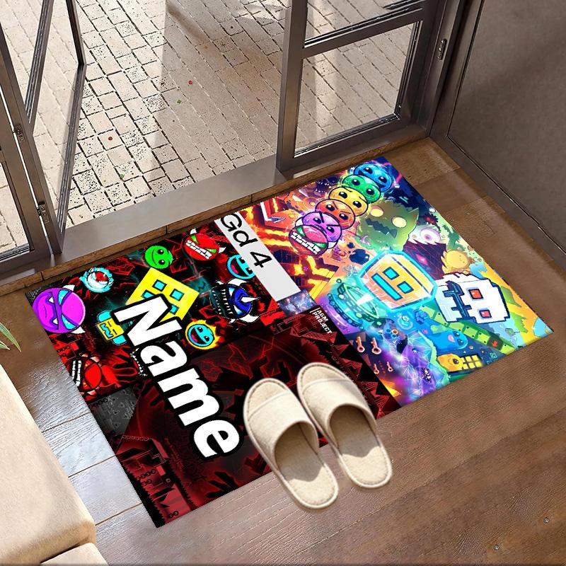 Custom Name Personalized Geometry Dash Print Carpet, Versatile Home Decor Rug, for Playroom, Apartment, Balcony, Entryway, Hallway Gift