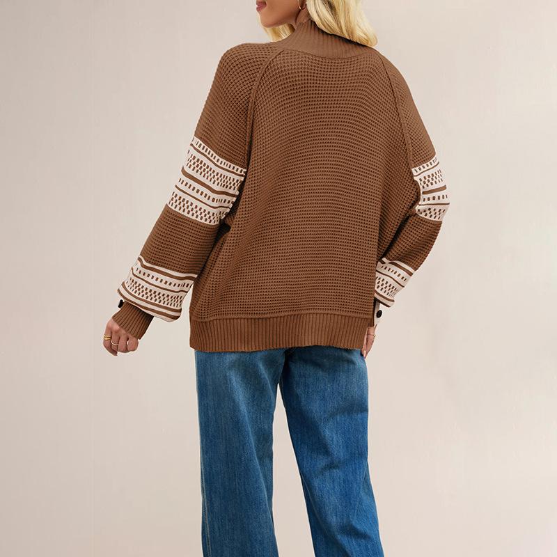 Autumn Winter Women Mock Neck Knitted Sweater Fashion Patchwork Knit Pullovers