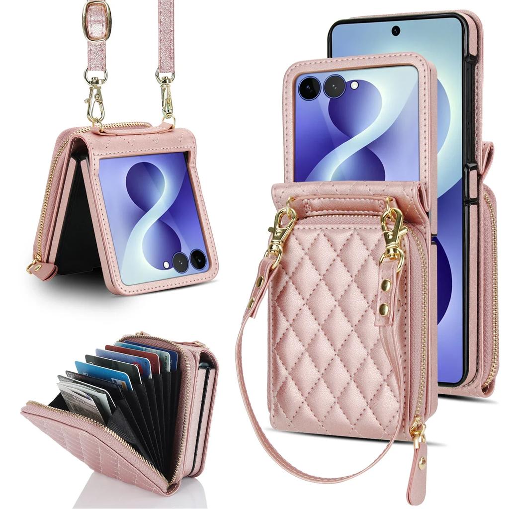 Crossbody portemonnee met lange riem, meerdere sleuven, ritssluiting, leren hoesje, geschikt voor Samsung Galaxy Z Flip 8 7 6 5 4 3 5G Beschermhoes