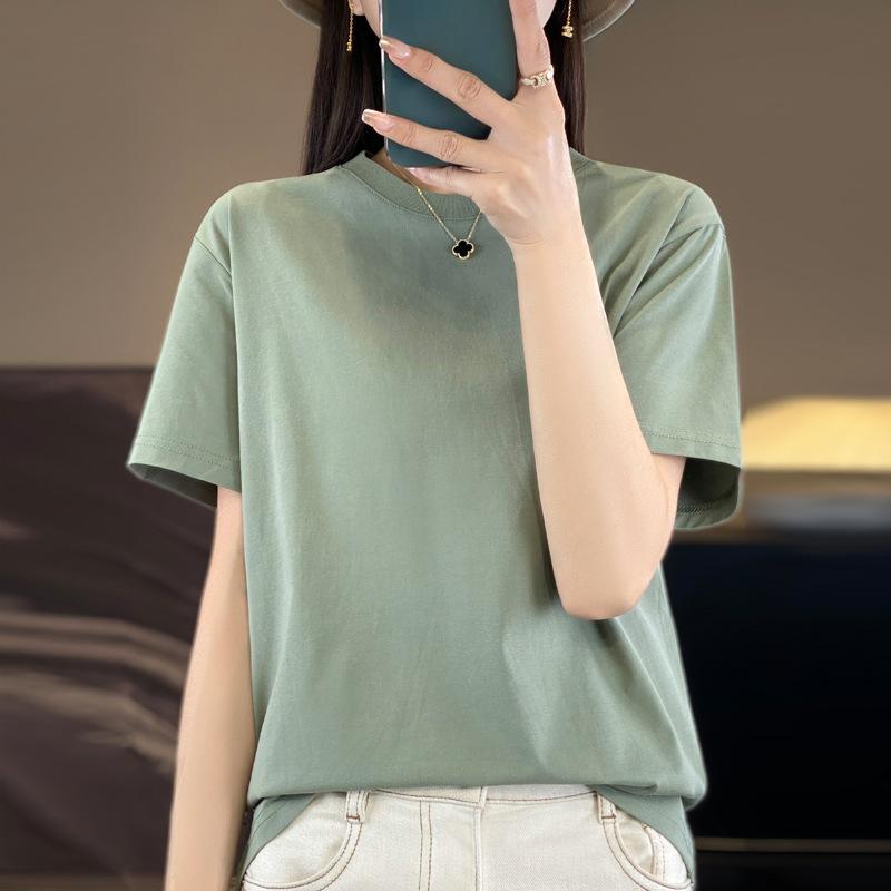 VEZFAA Women's Fashion Summer Spring Casual Solid Color Print Short Sleeve O-Neck T-shirts and Tops