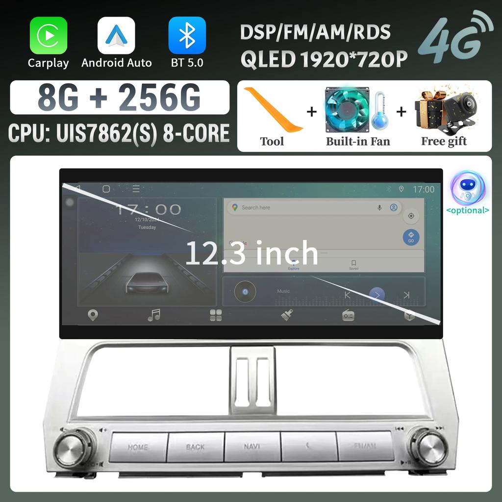 12.3inch Car Radio Multimedia 4G GPS For Toyota Prado 2018-2021 Multimedia Wireless Bluetooth Carplay Touch Head Unit Screen