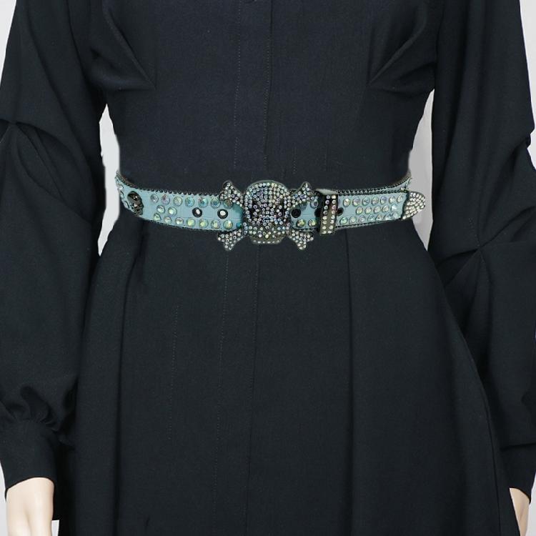 Versatile Male Female Skull Rivet Waist Belt with Rhinestone Buckle Adjustable