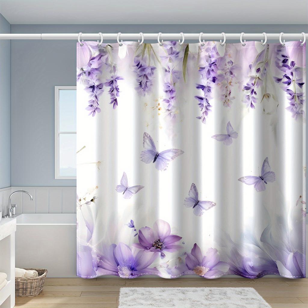Purple Polyester One-Piece Shower Curtain With Dyed Butterfly Print, Machine Washable, With Hooks, For Bathroom