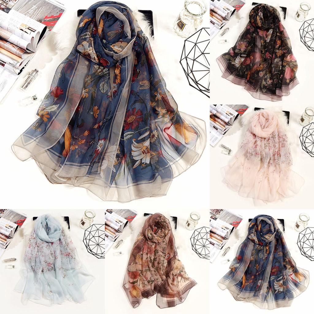 Fashion Women Flower Print Long Soft Wrap Scarf Simulation Silk Shawl Scarves