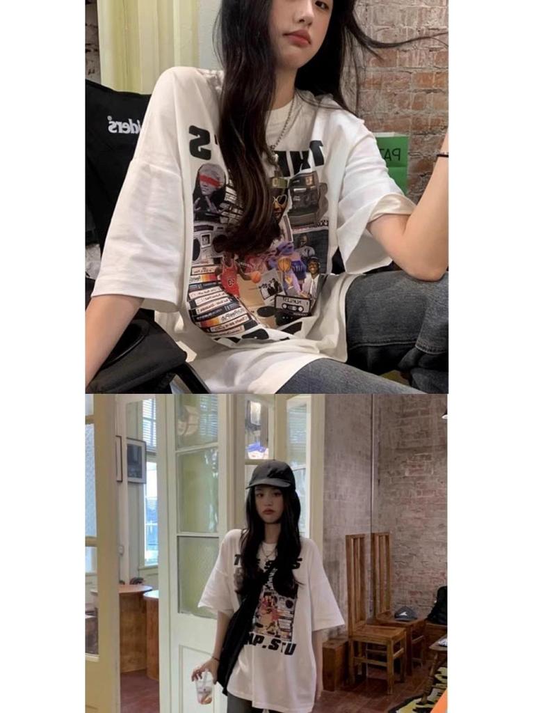 American Retro Trendy Plus Size Women's Pure Cotton Short Sleeve Summer Mid-length Casual Top