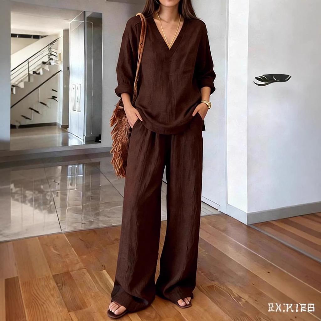 Europe and the United States cross-border 2026 spring Amazon new women's clothing fashion casual long-sleeved top wide-leg trousers two-piece set